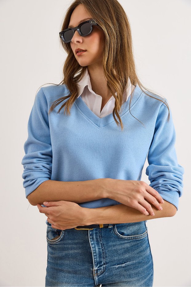 Women's Baby Blue Shirt Collar Detail Brioche Knit Blouse BLZ-19002777