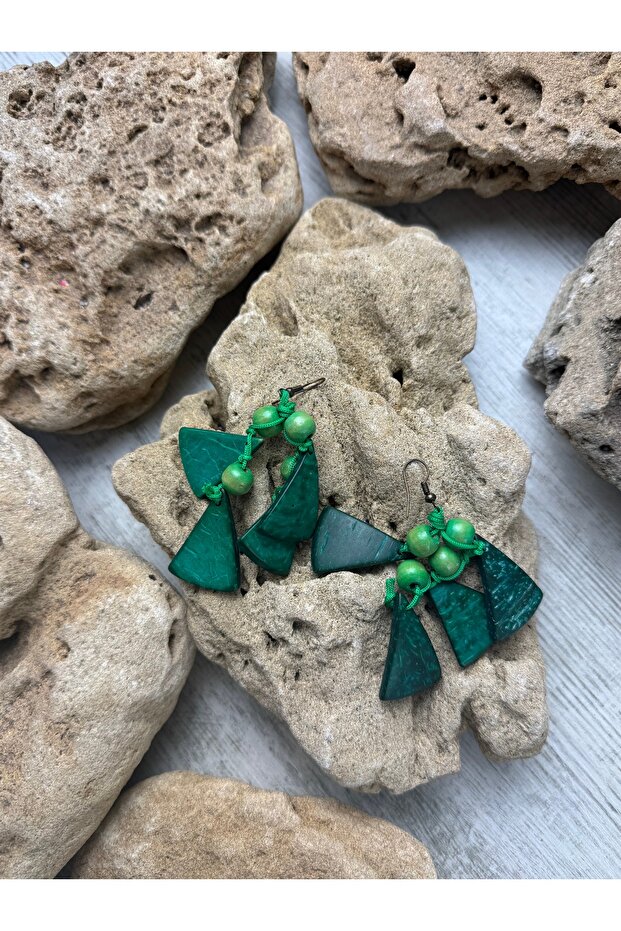 Yeşil Ahşap el yapımı küpe - 4