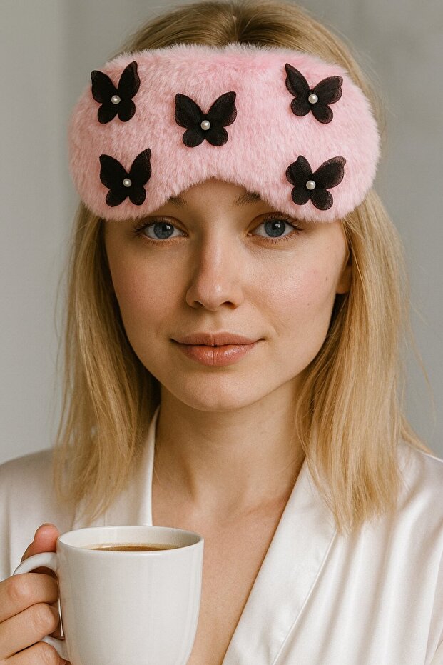 Pink Color Butterfly Figured Plush Sleeping Headband with Pearl Detail