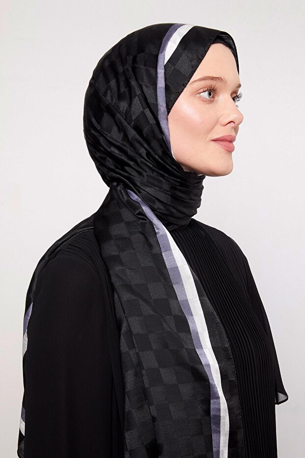 Black-Ecru Striped Checkerboard Pattern Monogram Shawl - 2