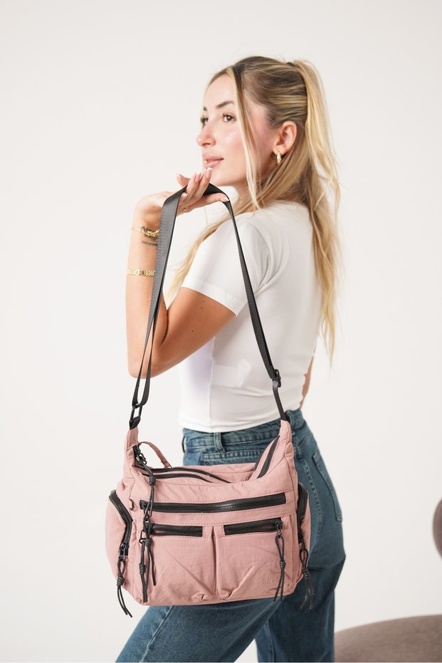 Women's Powder Pink Multi-Compartment Waterproof Crinkle Daily Crossbody Bag