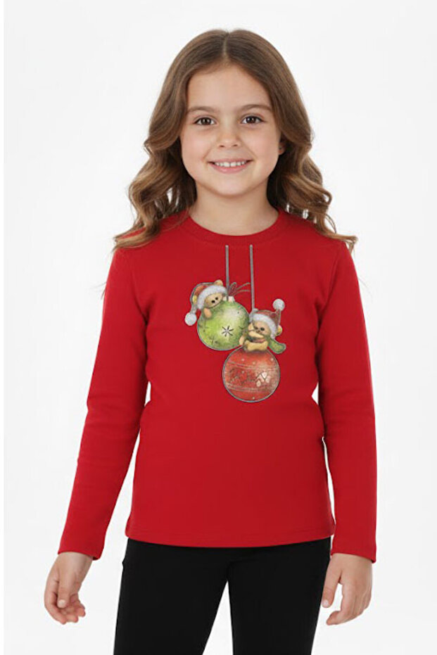Girl's Christmas Sweatshirt Long Sleeve Blouse Teddy Bear Printed Lycra Combed Cotton Winter Woolen Shirred 100% Cotton