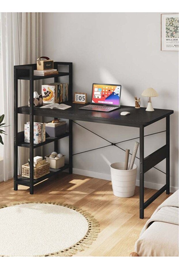 مكتب منزلي للكتابة والكمبيوتر، طاولة دراسة حديثة وبسيطة مع رف كتب، 100×55×110 سم