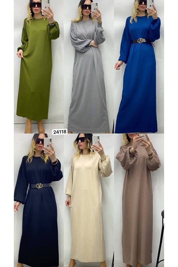 Balon kol triko elbise - 4