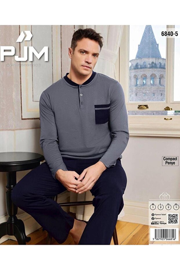 طقم بيجامة رجالي من Pijamoni مصنوع من القطن بنسبة 100% من القطن الممشط موسمي بأكمام طويلة 6840