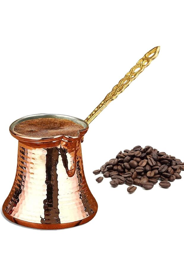 Handcrafted Turkish Coffee Pot (8.3 oz) - Hammered Copper Cezve with Brass Handle