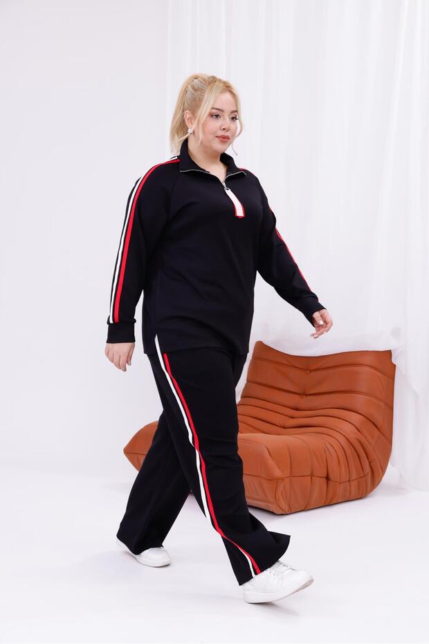 Large Size Striped Detail Zipper Suit