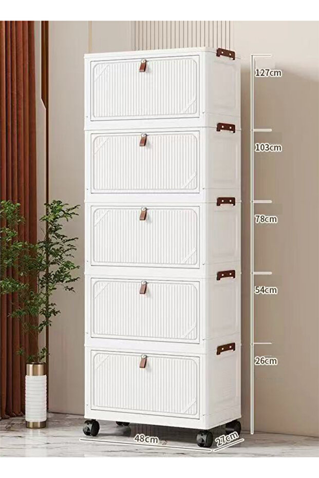 5-Tier Foldable Plastic Storage Cabinet with Solid Panels, Handle, Magnetic Flip Door & Wheels, 48cm
