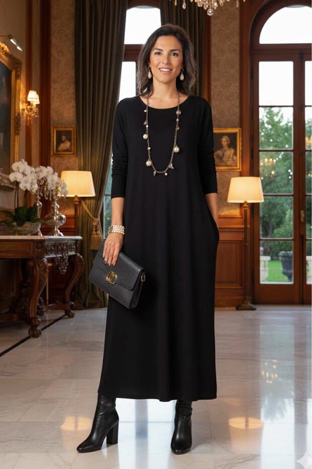 Black Slimming Tok Combed Cotton Dress with Hidden Pockets