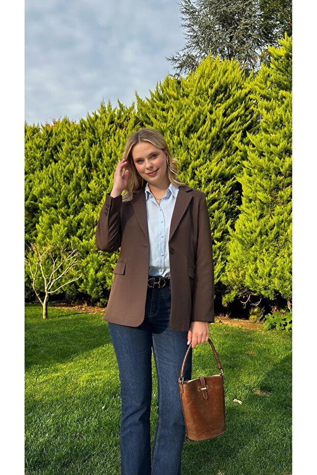Acı kahve krep blazer ceket - 4