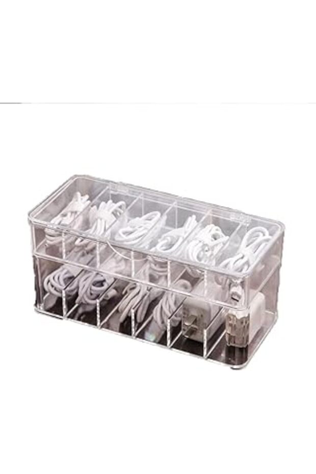 Double-layer Cable Organizer Box with Lid - 12 Compartments, Transparent, includes 15 Cable Ties & L - 1