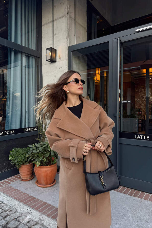 Camel Astarlı Kruvaze Oversize Yün Kaban - 3