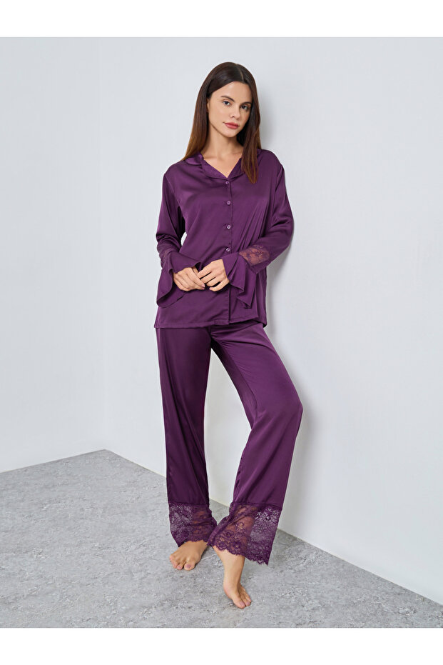 Matte Satin Lace Detail Shirt and Pyjama Set