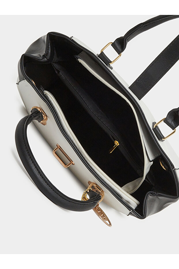 White Color Block Handbag with Drop Charm - 4