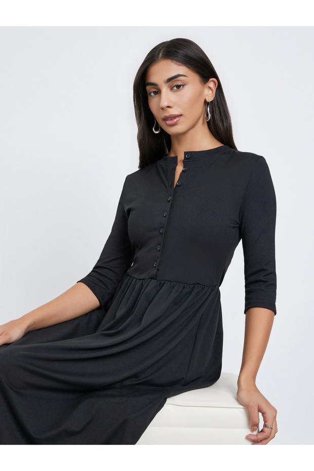 Black A-Line Midi Dress with 3/4 Sleeves