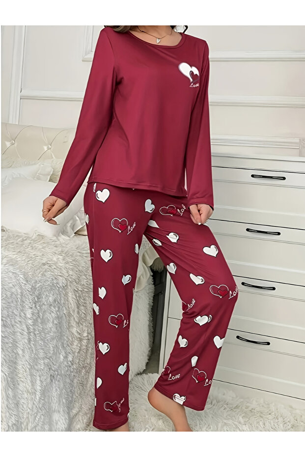 Heart Print Long Sleeve T-Shirt and Pyjama Set
