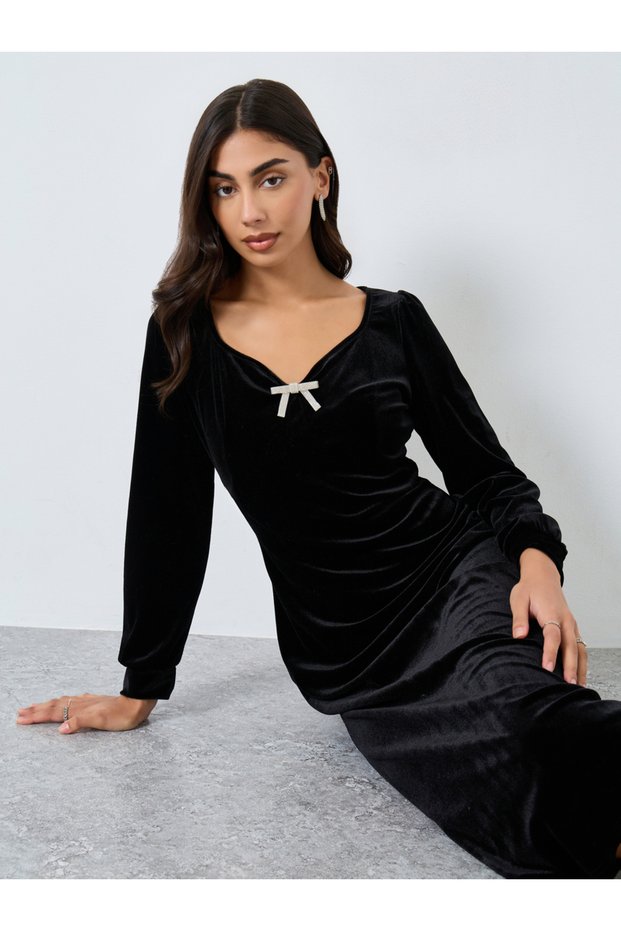 Black Velvet Look Midi Dress with Bow Detail