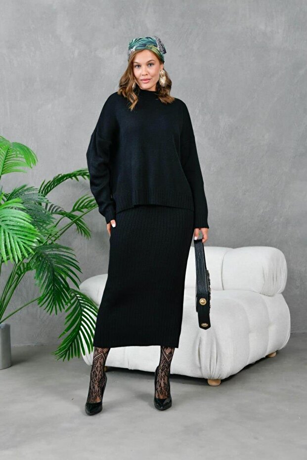 10270-Turtleneck Oversized Knitwear Skirt Set