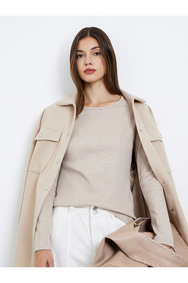Cream Flat Knit Top with Long Sleeves