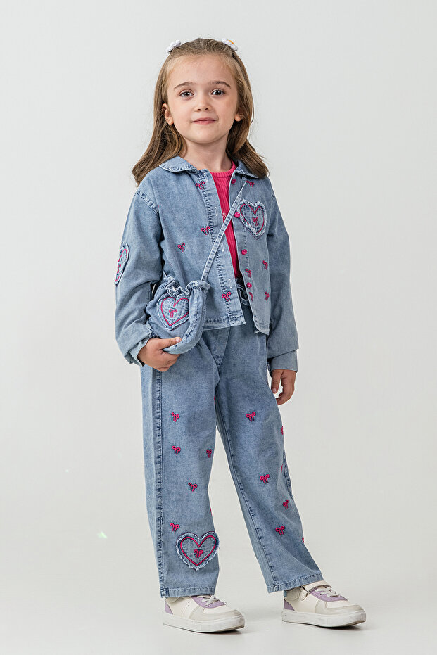 Girls' Heart Embroidered 4-Piece Set with Bag - 26K 2242