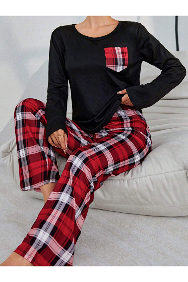 Pocket Detail Round Neck T-Shirt and Pyjama Set