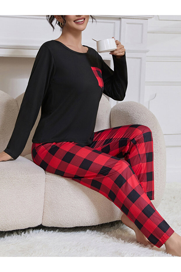 Pocket Detail Scoop Neck T-Shirt and Checked Pyjama Set - 3