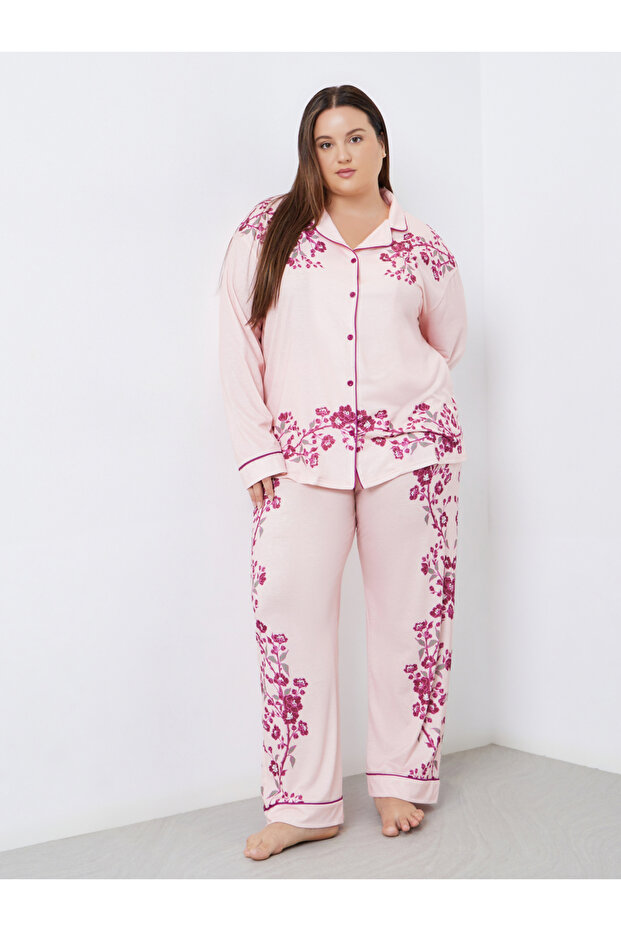 Plus Placement Floral Print Button Long Sleeve Shirt and Pyjama Set
