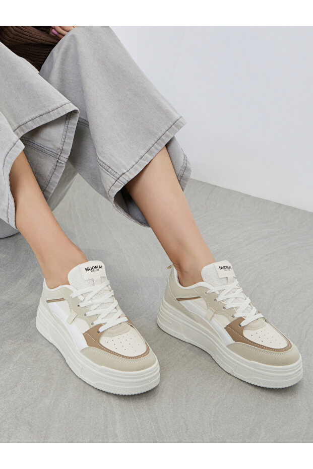 Beige Contrast Panel Flatform Sneakers