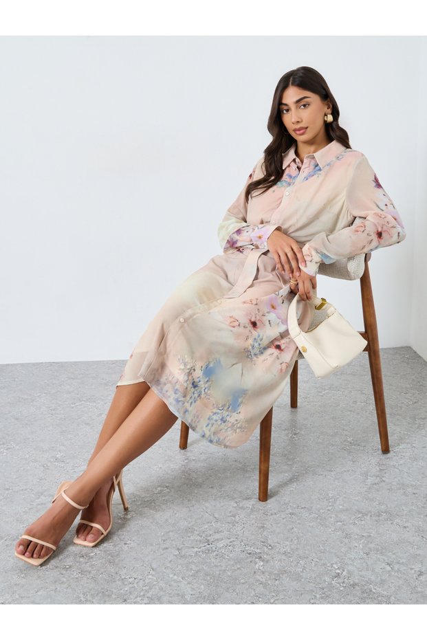 Floral Print A-Line Midi Dress with 3/4th Sleeves