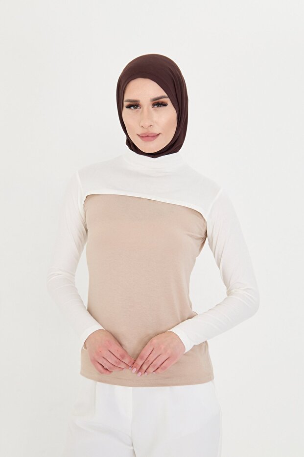 Cream Hijab Turtleneck Collar Sleeves Viscose Plain 1025_40