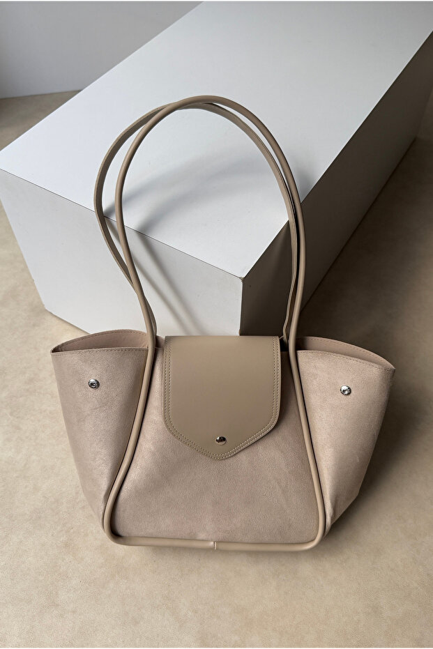 Women's Hand and Shoulder Bag Beige Suede