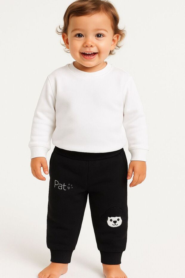 1-4 Years Unisex 3 Thread Ş Fleece-Lined Sweatpants – Black with Pat Embroidery 20304