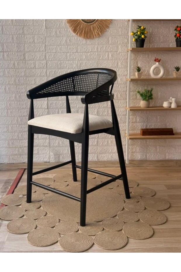 Concept Gazel Bar Sandalyesi Teddy Krem Kumaş Hasırlı Siyah Ahşap Ada Sandalye - 4