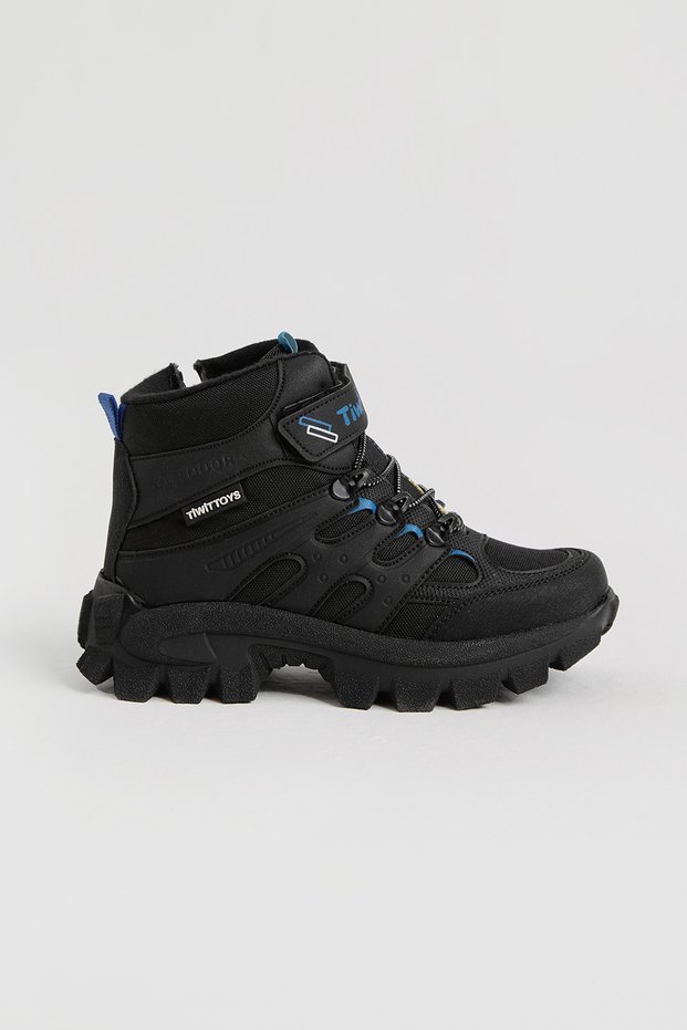 Children's Unisex Black Sax Thick Rubber Sole Rubber Laced Velcro Outdoor Trekking Boots