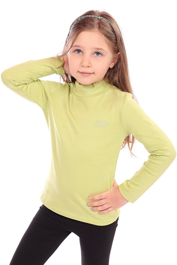 Light Green Girl's Regular Fit Mock Neck Embroidery Printed Sweatshirt - Ribana