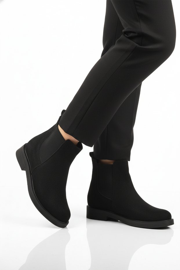 Black Suede Fleece-Lined Easy-To-Wear Non-Slip Women's Chelsea Boots 284097 Z