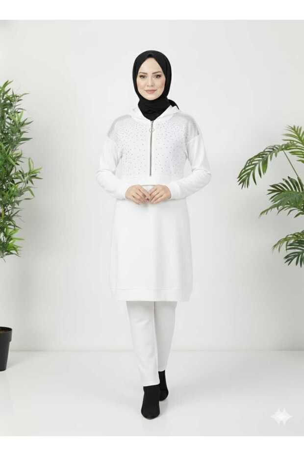 Women's New Season Stone-Collared Pants with Half Zipper K Hooded Top-Bottom Tunic Set