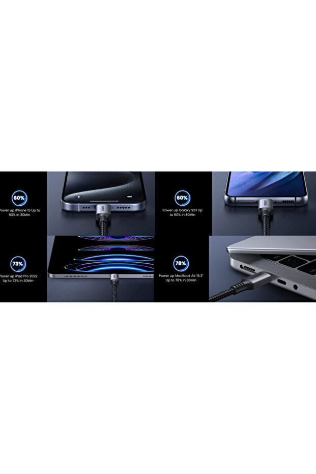 USB-C 60W 3A QC PD Örgülü Hızlı Şarj Kablosu, 1 Metre, Siyah, 15373 - 3