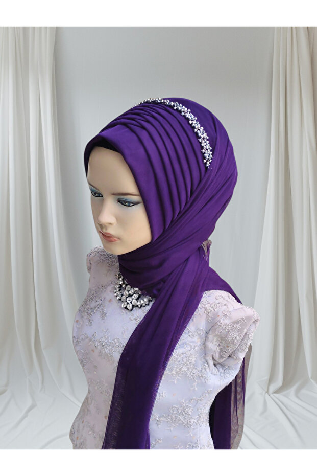 Accessories Included: Purple Stretch Fabric Fabric Single-Piece Ready-Made Shawl, Ready-Made Turban, Ready-Made Veil