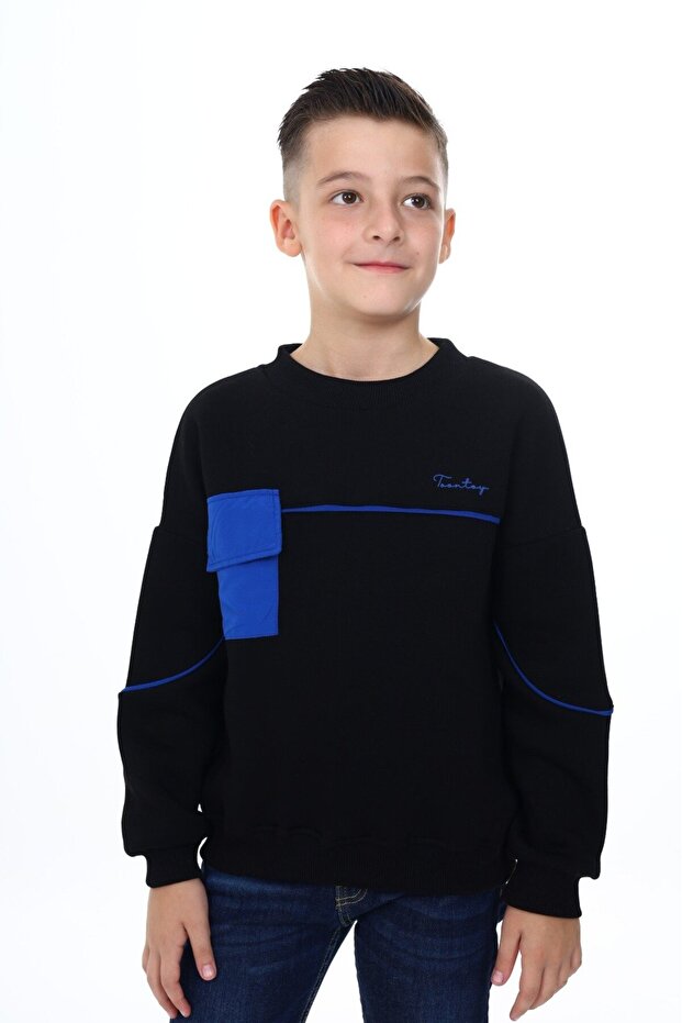 Black Boy's Relax Fit Crew Neck Piece Printed Sweatshirt - Pocket Detail & 2 Threads