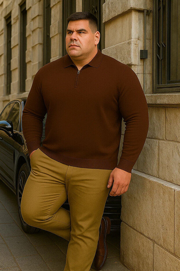 سويت شيرت رجالي أساسي كبير الحجم باللون البني بسحاب - 4