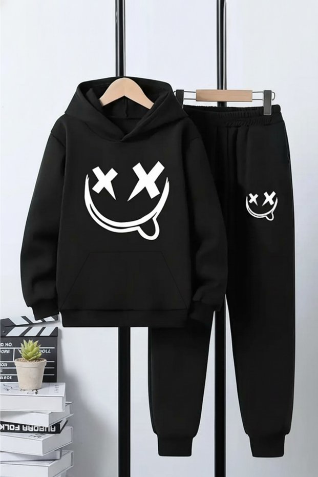 3 İplik Ş Fleece-Lined Winter Emoji Print Detailed Kangaroo Pocket K Hooded Boys' Tracksuit Set