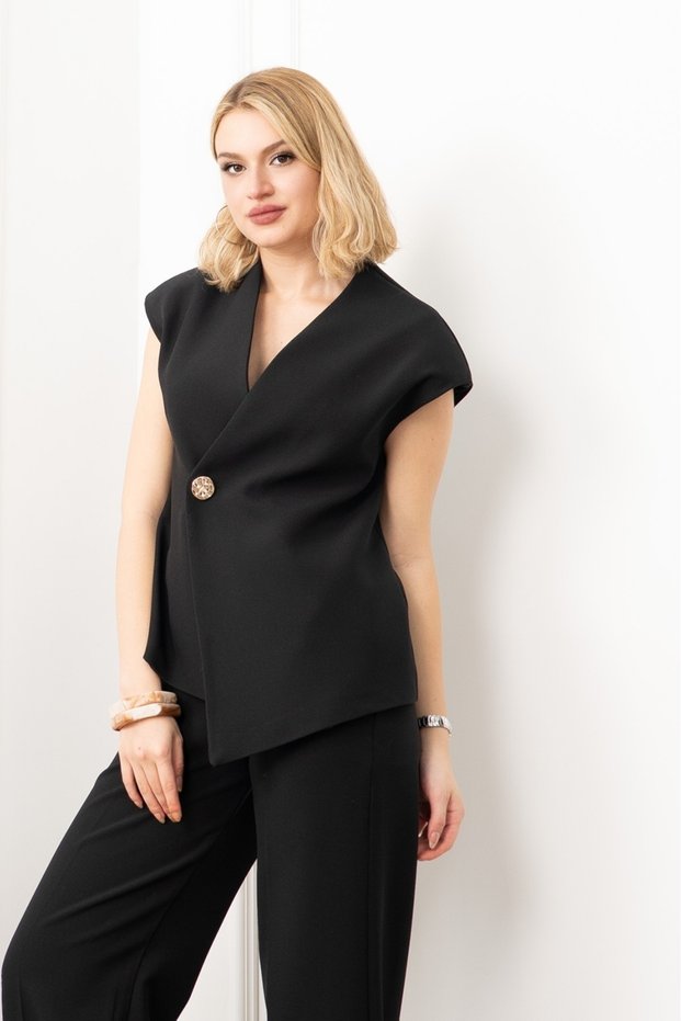Women's Winter Black Verev Cut Double Breasted Closure Detailed Vest Trouser Set Stylish Daily Comfortable Two-Piece 1284