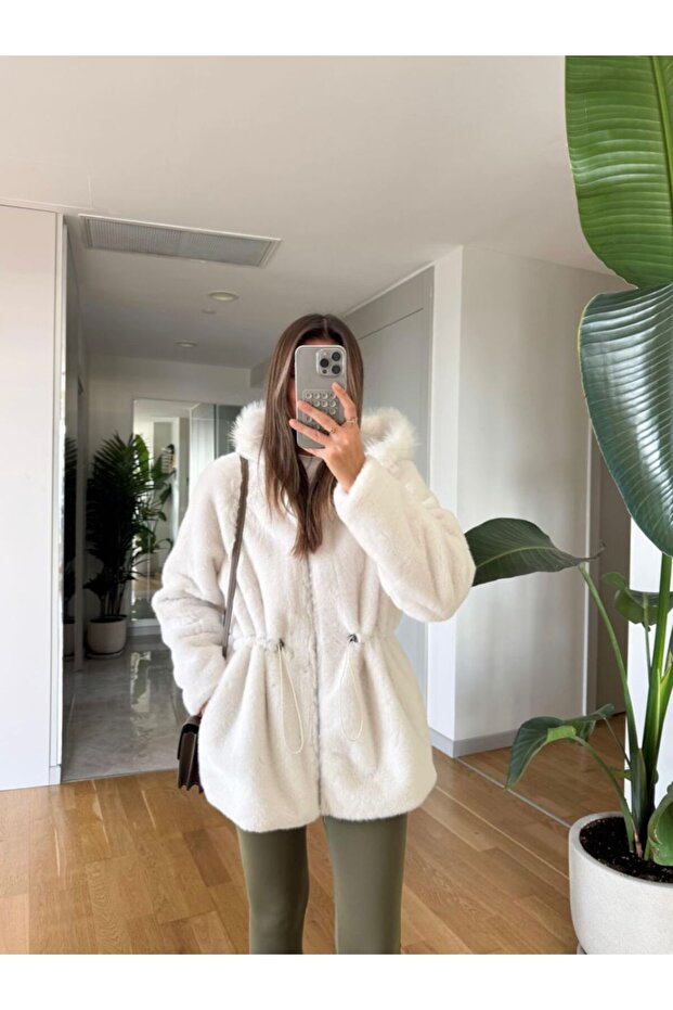Fur Detailed Drawstring Waist Hooded Plush Coat