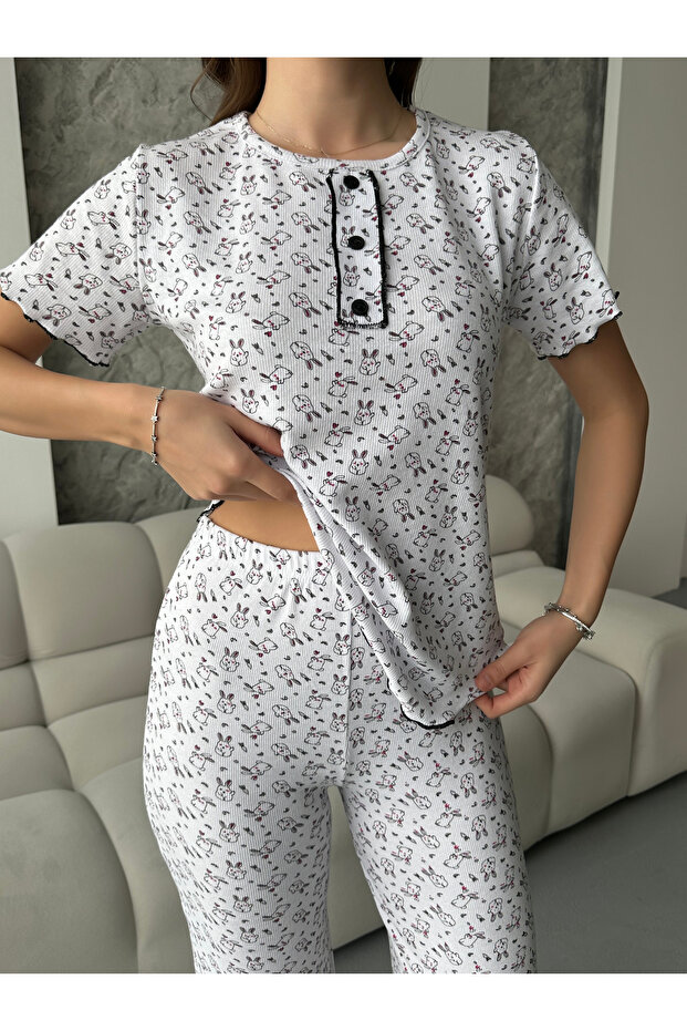 Patterned Corded Cotton Button Detailed Short Sleeve Pajama Set