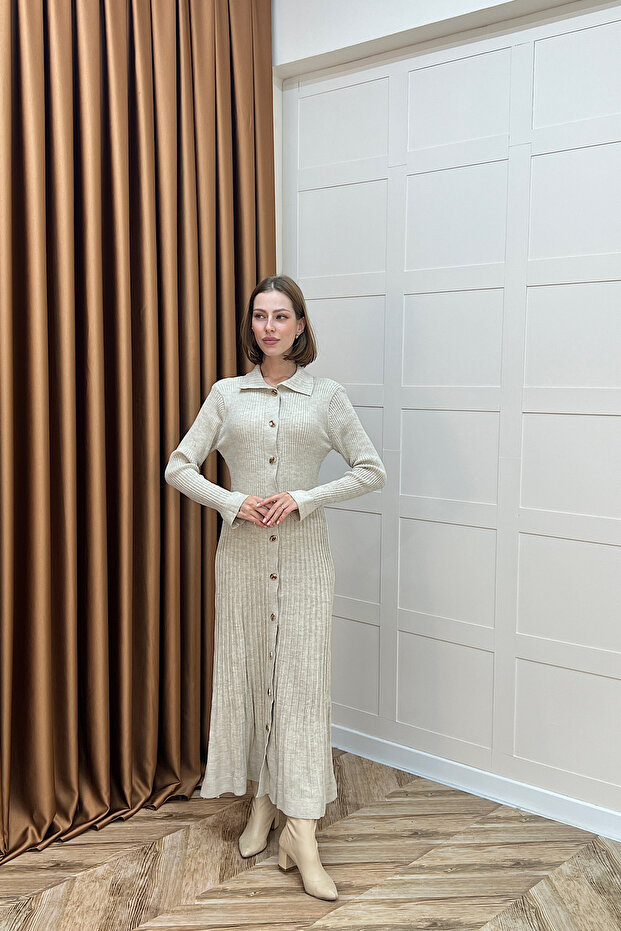 Endam Düğmeli Triko Elbise Taş - 2