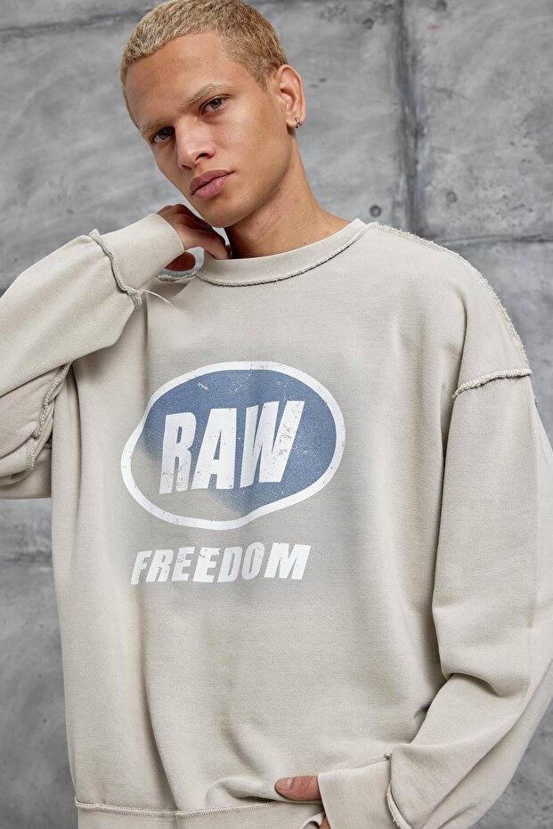Erkek Krem RAW BASKILI OVERSIZE SWEATSHIRT - 2