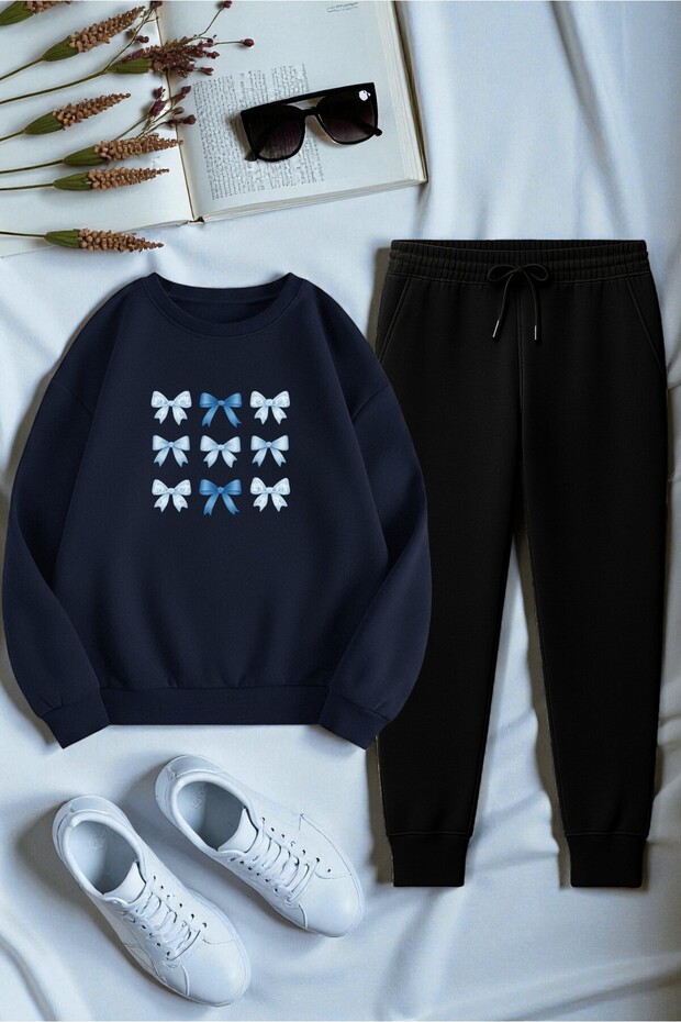 Unisex Ribbon Design Printed Crew Neck Sweatshirt 2-Piece Tracksuit Set
