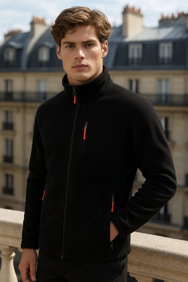 Fleece negru basic pentru bărbați, cu fermoar - 4