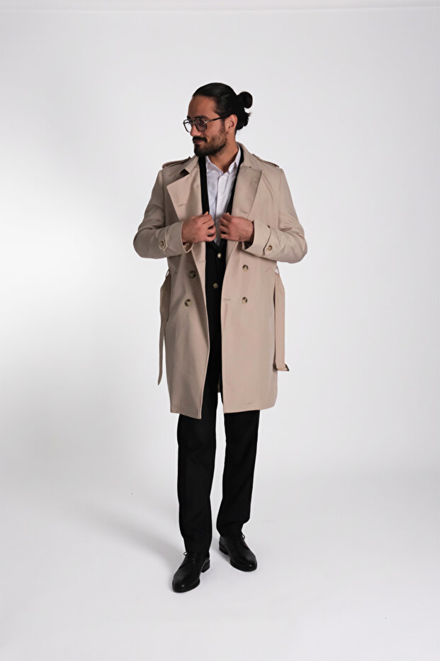 Karan Men's Regular Fit Double-Breasted Long Trench Coat with Closure Belt and Epaulettes